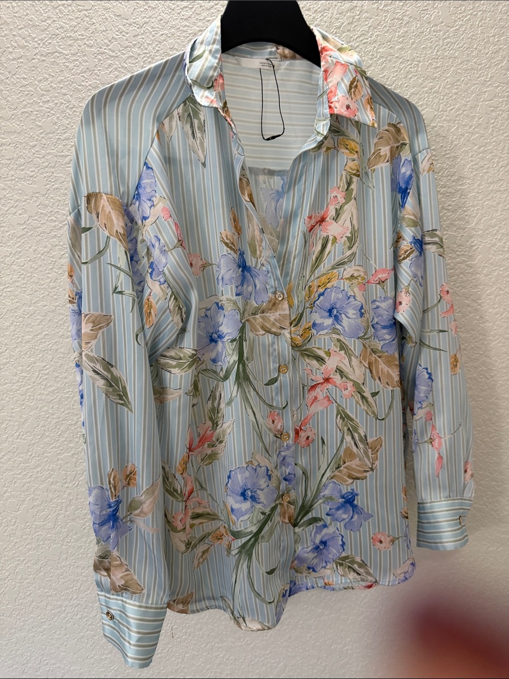 Zara Light Blue Striped Floral Satin Button Up Shirt Long Sleeve Size S